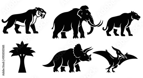 Prehistoric Animals Silhouettes Set - Extinct Mammals and Dinosaurs Icons
