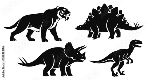 Prehistoric Animals Silhouettes Set: Dinosaur and Ancient Beast Vector Illustration