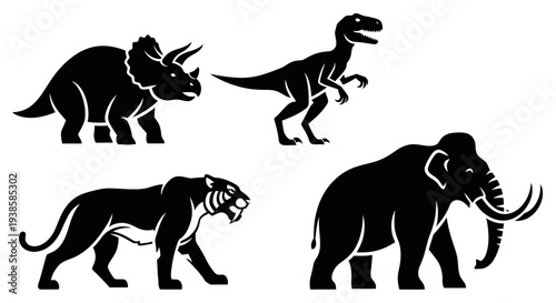 Prehistoric Animals Silhouettes Set: Dinosaurs, Mammoth, and Saber-toothed Tiger