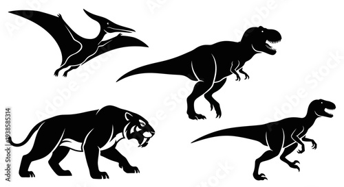 Prehistoric Animals Silhouettes Set: Dinosaurs, Pterodactyl, Sabre-toothed Tiger Vector Illustration