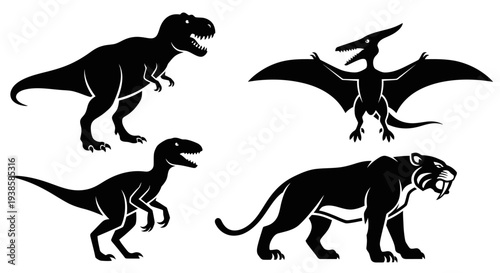 Prehistoric Animals Silhouettes Set: Dinosaurs, Pterodactyl, and Saber-toothed Tiger Vector Icons