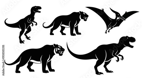 Prehistoric Animals Silhouettes Set: Dinosaurs, Saber-toothed Tigers, and Pterodactyl