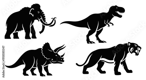 Prehistoric Animals Silhouettes Set: Mammoth, T-Rex, Triceratops, Saber-toothed Tiger Extinct Species