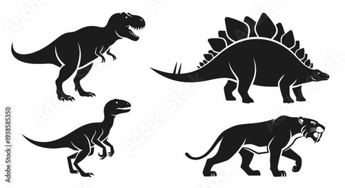 Prehistoric Animals Silhouettes Set: Tyrannosaurus, Stegosaurus, Velociraptor, and Saber-toothed Tiger