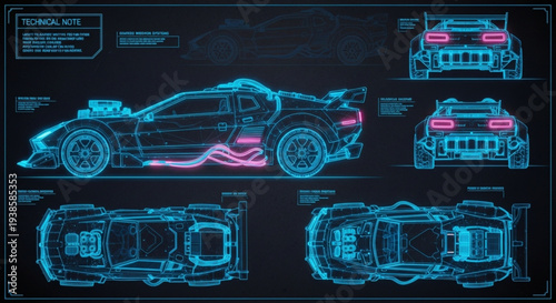 Futuristic Sports Car Blueprint Design with Neon Accents.