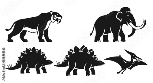 Prehistoric Animals Silhouettes Set: Saber-Toothed Tiger, Mammoth, Stegosaurus, Pterodactyl