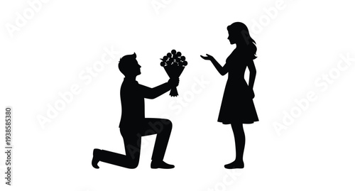 A man proposes to a woman with flowers a romantic silhouette