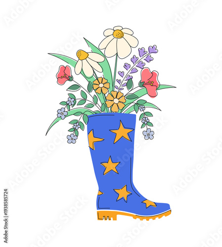 Spring wildflowers in blue rubber boot isolated vector. Colorful hand drawn flower bouquet in shoe illustration.