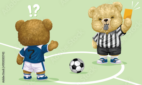 Teddy bear referee showing a yellow card during soccer match.