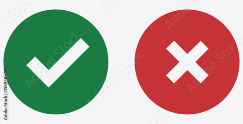 Right and wrong vector icon set with rounded black outline, flat rounded check mark and cross mark, circle shape thin line tick and X symbol, approval and rejection