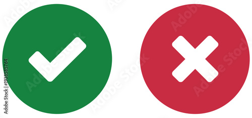 Right and wrong vector icon set with rounded black outline, flat rounded check mark and cross mark, circle shape thin line tick and X symbol