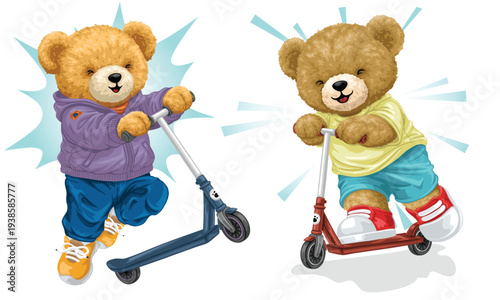Two cute teddy bears riding kick scooters together.
