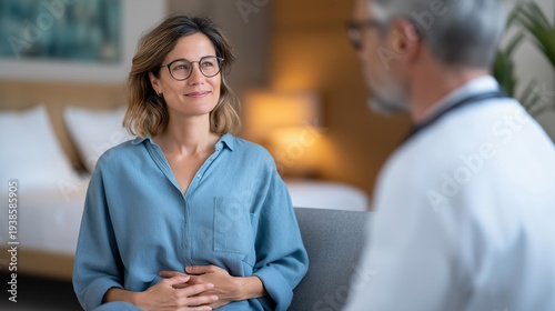 Wallpaper Mural Sleep specialist explaining the connection between poor sleep and weight gain to a patient in a clinic, perfect for sleep weight loss connection concept, sleep health, metabolic wellness, modern Torontodigital.ca