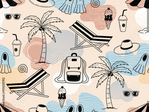 Seamless pattern of summer beach vacation and travel icons.