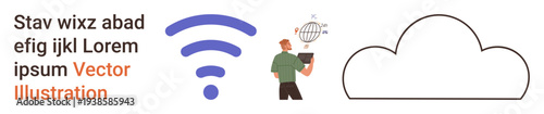 Digital infrastructure, cloud computing, wireless connectivity, data transfer, online networks, digital communication. wireless symbol, cloud outline person holding a laptop. Wireless connectivity