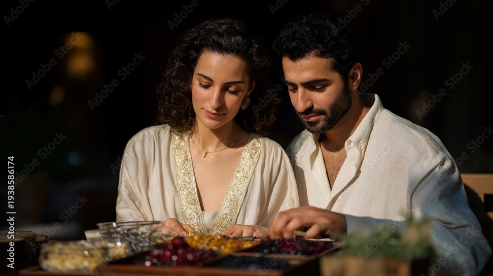 Naklejka premium Latina woman and Middle Eastern man preparing Nowruz haft seen table together, traditional elements arranged, blending cultural traditions, spring celebration, perfect for interfaith couple