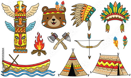 Set of colorful ethnic tribal elements including bear and totem.