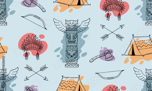 Seamless pattern of ethnic tribal symbols like totems and headdresses.
