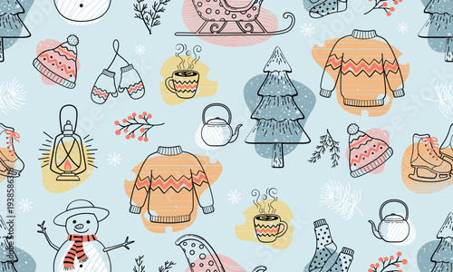 Seamless winter pattern with snowman, sled, warm clothes and trees.