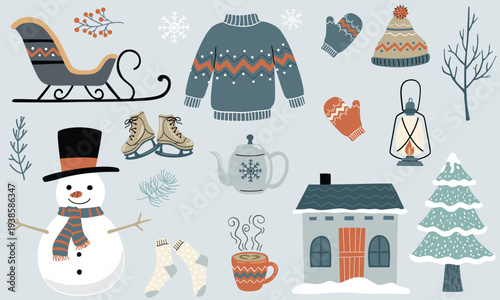 Collection of winter holiday icons like snowman, house, and sled.