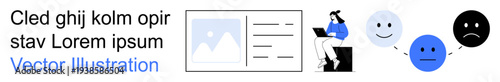 Communication, user interaction, sentiment analysis, emotional tools, user experience, technology interface. Person on a laptop near email layout and emotion icons. Communication and user interaction