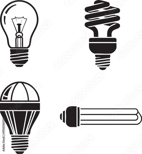 Set of light bulb icons with transparent background, including incandescent, CFL, LED, and fluorescent tubes