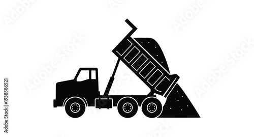 A black silhouette of a dump truck unloading material silhouette