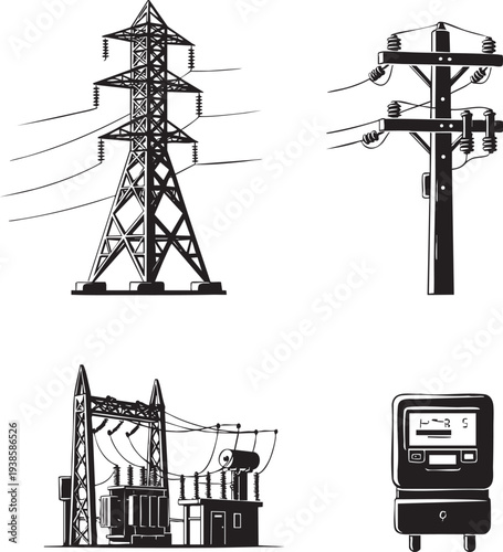 Electricity infrastructure power lines towers and substation on transparent background