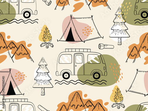 Seamless pattern of camping adventure with van and mountain landscape.