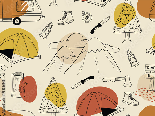 Seamless pattern of camping equipment, mountains, and outdoor adventure icons.