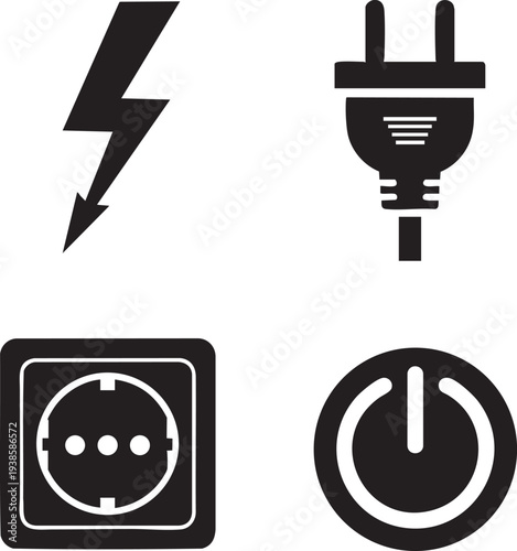 Electrical Icons Set Lightning Bolt Plug Socket Power Button Transparent Background