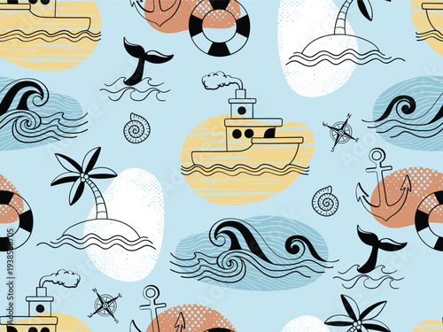 Seamless nautical pattern featuring ships and marine animals
