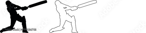 cricket  batter silhouette with outline and stroke style swinging player pose design set