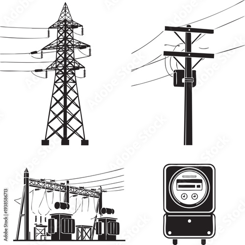 Electric power infrastructure elements on transparent background