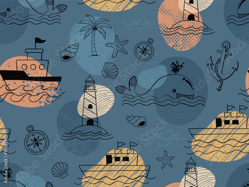 Seamless nautical pattern featuring whales, ships, lighthouses, and anchors.