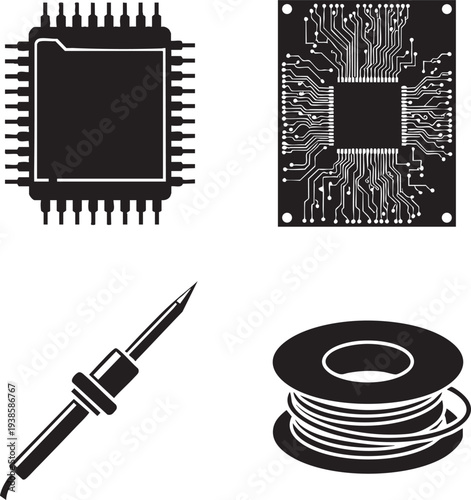 Set of electronic components and tools, circuit board, microchip, soldering iron, solder wire, transparent background