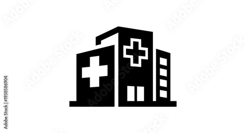 Hospital Building Icon with Cross Symbol.