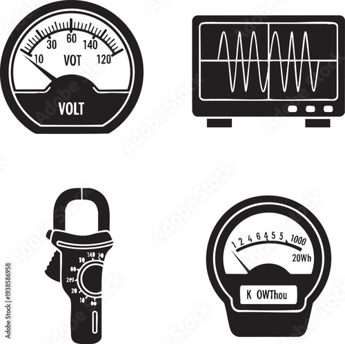 Professional Electrical Measurement Tools and Power Meter Icon Set on transparent background