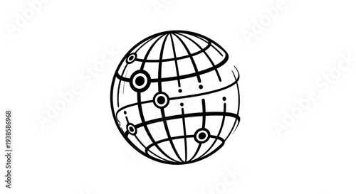 Simple Line Drawing of Globe with Pins.