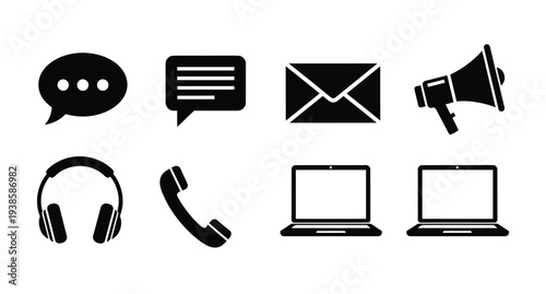 Communication icons including speech bubble mail and megaphone silhouette