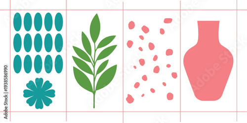 A collection of stylized botanical and vase illustrations on a grid background