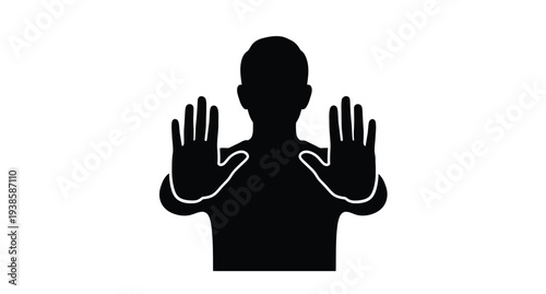 A dark figure with hands raised in a stopping gesture silhouette
