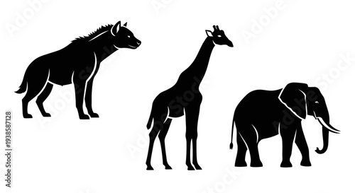 African Animals Silhouettes: Hyena, Giraffe, and Elephant on White Background