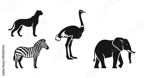 African Safari Animals Silhouettes: Cheetah, Ostrich, Zebra, Elephant Vector Icons