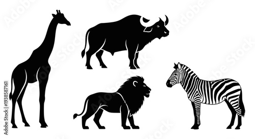 African Safari Animals Silhouettes: Giraffe, Buffalo, Lion, Zebra Vector Set