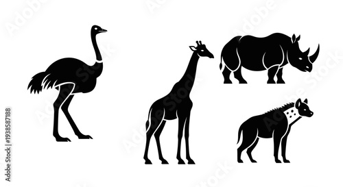 African Safari Animals Silhouettes Set: Ostrich, Giraffe, Rhinoceros, and Hyena