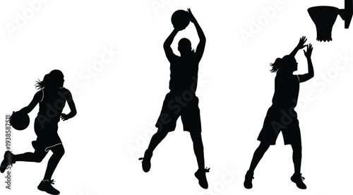 VBasketball player silhouettes showing dribbling, jumping and shooting actions, sport activity sequence, athlete training, competition and dynamic movement concept.