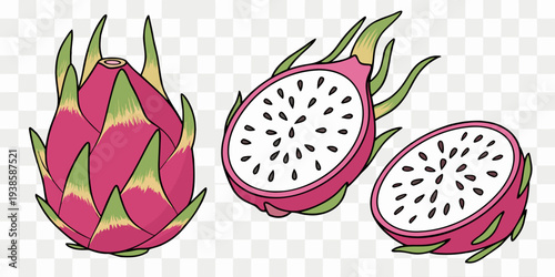 Three dragon fruits are displayed on a transparent, checkered background. The image is composed of a whole dragon fruit on the left, a halved dragon fruit in the middle, and a single slice on the righ