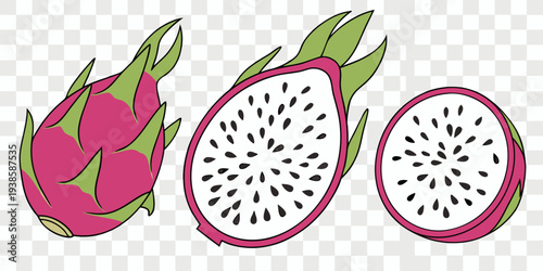 Three dragon fruits are displayed on a transparent, checkered background. The image is composed of a whole dragon fruit on the left, a halved dragon fruit in the middle, and a single slice on the righ
