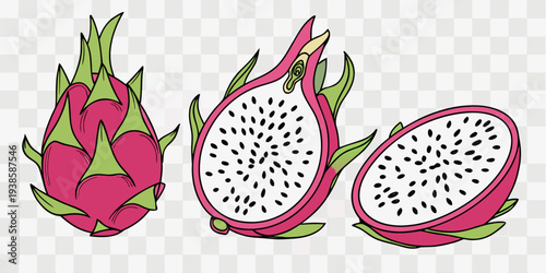 Three dragon fruits are displayed on a transparent, checkered background. The image is composed of a whole dragon fruit on the left, a halved dragon fruit in the middle, and a single slice on the righ